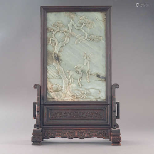 CELADON JADE TABLE SCREEN WITH TWO DEER MOTIF