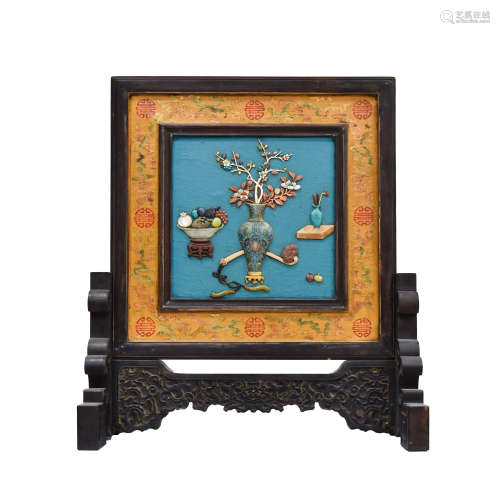 CLOISONNE & STONES INLAID LACQUERED TABLE SCREEN