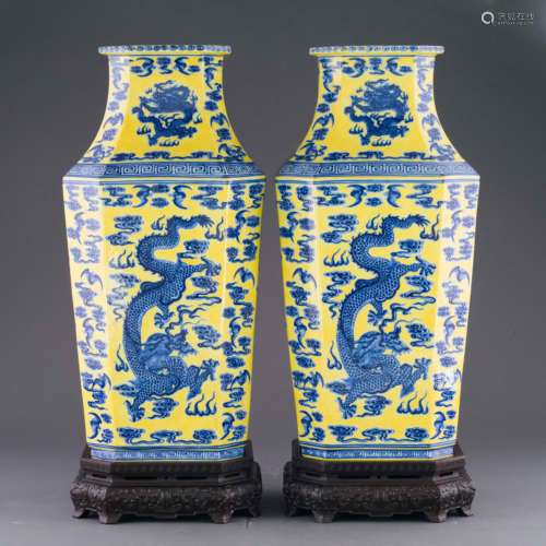 PAIR QIANLONG FAMILLE JAUNE & BLUE DRAGON SQUARE VASES ON STAND