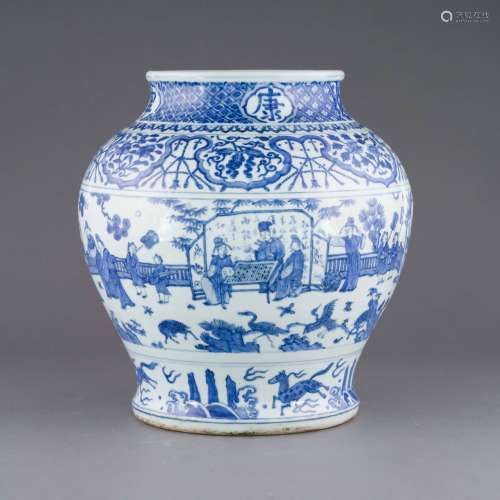 MING BLUE AND WHITE FIGURINES JAR