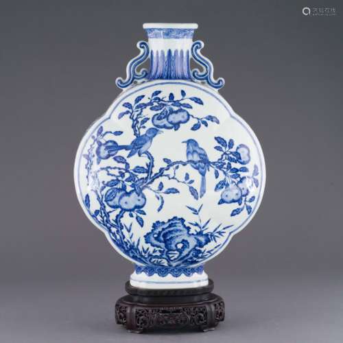 QIANLONG BLUE & WHITE MAGPIE MOON VASE ON STAND