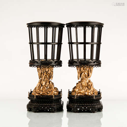 PAIR OF ZITAN CARVED GILT CANDLE STANDS
