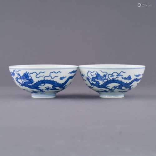 QIANLONG BLUE AND WHITE DRAGON PORCELAIN BOWLS