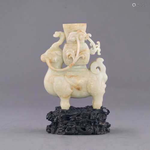 JADE MYTHICAL BEAST GU VASE ON STAND