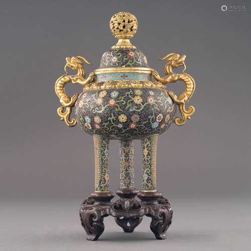 GILT BRONZE & CLOISONNE COVERED TRIPOD CENSER