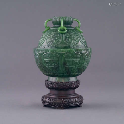 QIANLONG GREEN JADE LIDDED CENSER ON STAND