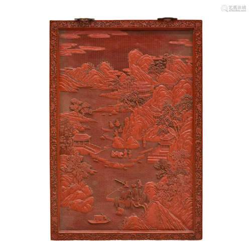 LARGE CHINESE CINNABAR CARVING LANDSCAPE WALL PAINTING