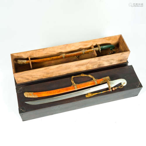 PAIR OF QIANLONG JADE HILT SWORDS IN BOX