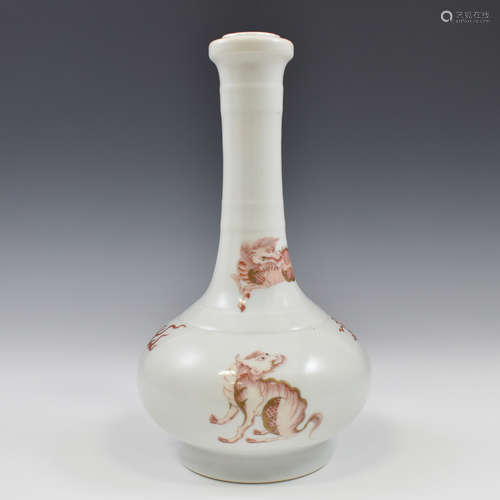 KANGXI RED & WHITE QILIN PEKING BOTTLE VASE