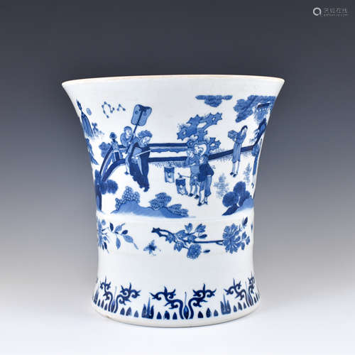 MING CHONGZHEN BLUE & WHITE FIGURAL BRUSH POT