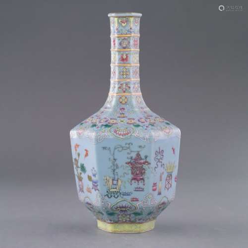 QIANLONG FLORAL PEACOCK BLUE HEXAGONAL BILE BOTTLE