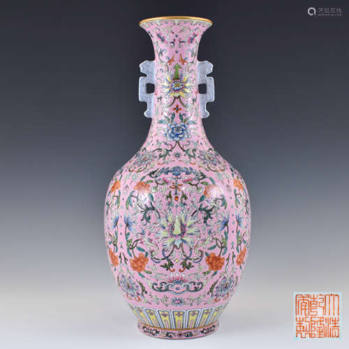 QIANLONG FAMILLE ROSE FLORAL AMPHORA VASE