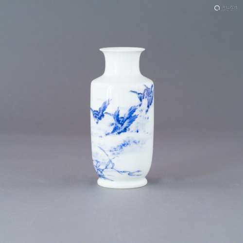 WANG BU BLUE AND WHITE PAINTED BIRD MOTIF PORCELAIN BOTTLE VASE