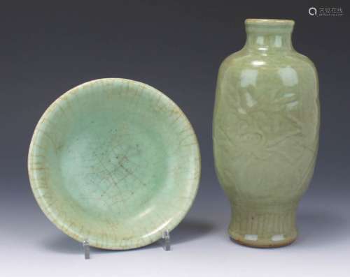 A Chinese celadon Lonquan vase and small dish Ming…