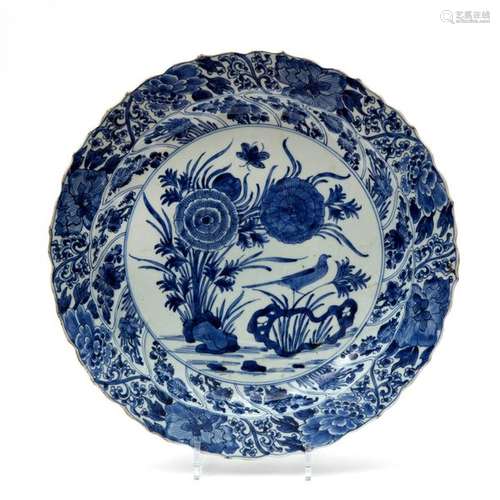 A large blue and white bird and flower charger Kan…