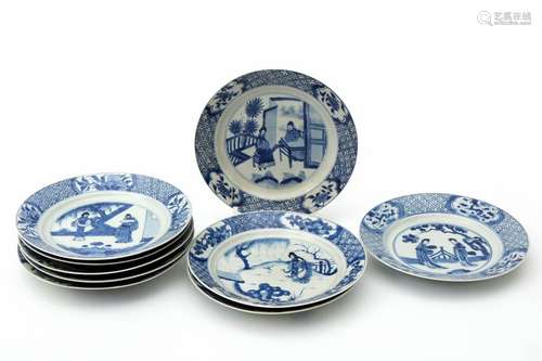 Nine blue and white decorated plates, scenes with …