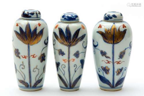 Three small Chinese lidded vases, tulip and lotus …