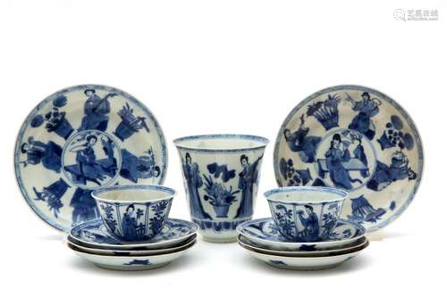 A part set of blue and white cups and saucers, Lon…