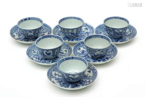 Six blue and white jumping boy cups and saucers Ka…