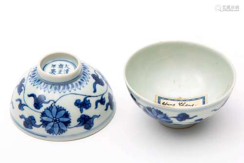 Two blue and white trailing lotus flower bowls 18t…