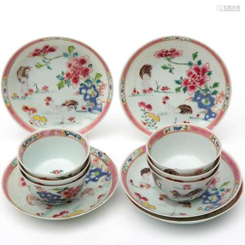 Five Chinese famile rose porcelain teabowls and sa…