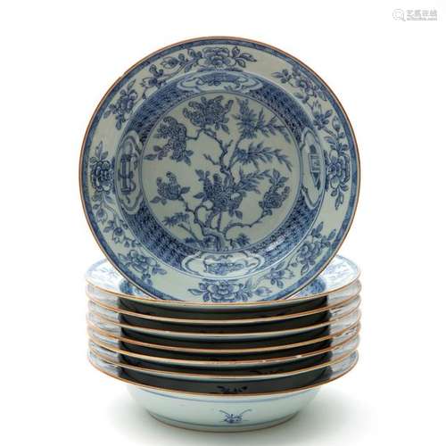 Eight blue and white floral deep plates 18th centu…