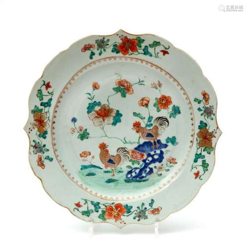 A large plate of unusual form, famille rose rooste…