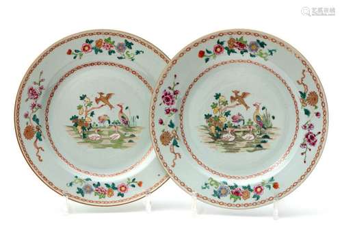 Two famille rose bird and floral plates 18th. Cent…