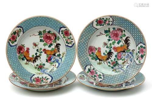 Four Chinese famille rose cockerel plates Yongzhen…