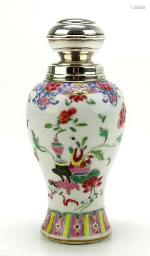 A famille rose canister with silver lid Qianlong p…