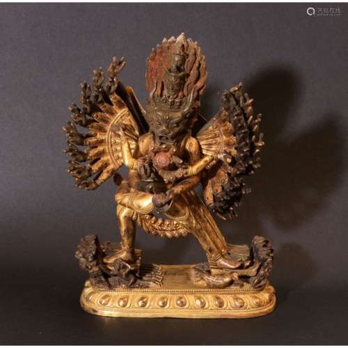 Chine, Statuette de Yamantaka en bronze doré repré…