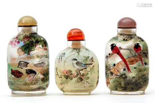 Three Chinese inside painted snuff bottles, birds …