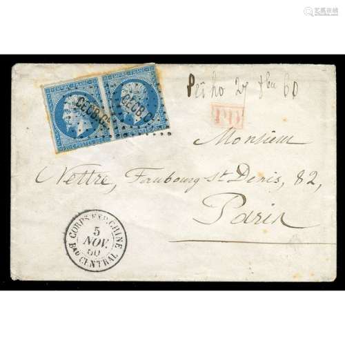 Chine, France 1853 1860, 20c bleu en paire (effleu…
