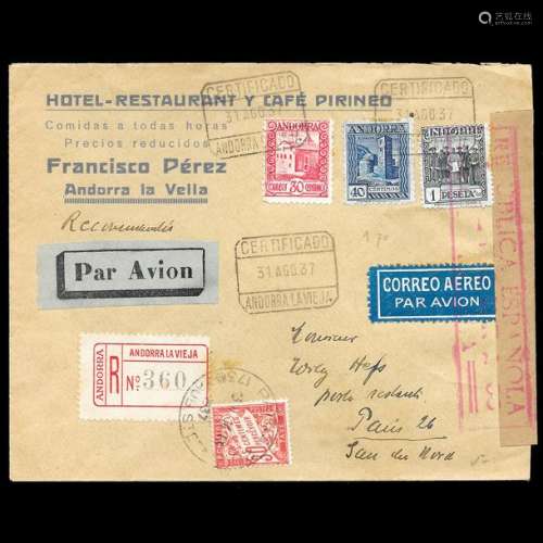 Andorre, 1929, 30c, 40c et 1 peseta sur enveloppe …