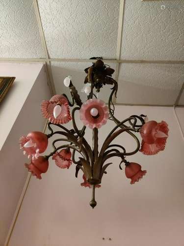 19th.C 8 Lights Bronze Pink Chandelier