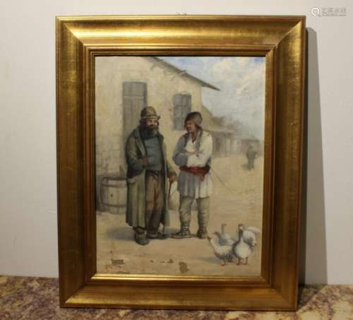 Antique Oil on Canvas of 2 men discussing , signed