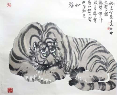 Chinese Ink Color Painting of Tiger,Signed