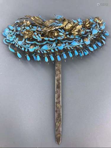 Chinese Enamel Silver Hair Pin