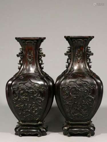 Pair of Chinese Zitan Wood Carved Vases