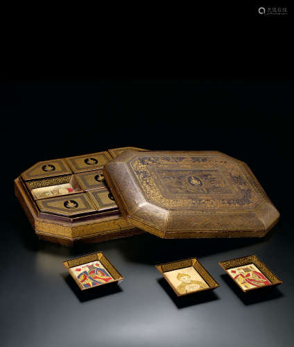 十九世紀 黑漆描金西洋人物八角遊戲蓋盒