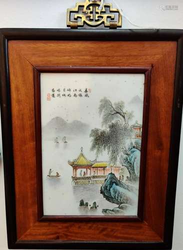 Chinese Famill Rose Porcelain Plaque w Calligraphy