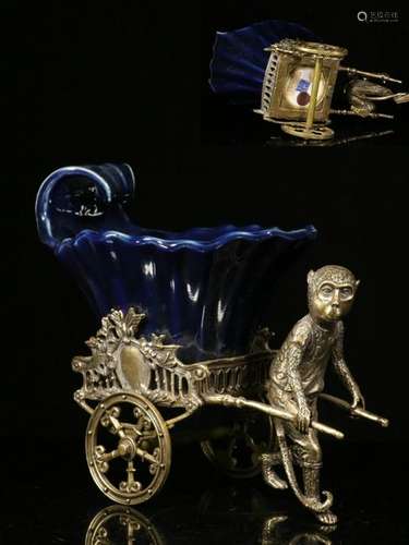 Republican Chinese Gilt Bronze Monkey Pull a Car