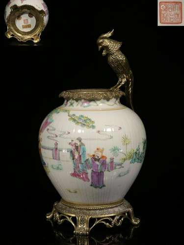 Republican Chinese Famille Rose Vase w Bronze