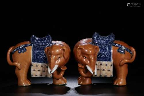 Pair of Chinese Copper Red Blue and White Elephant