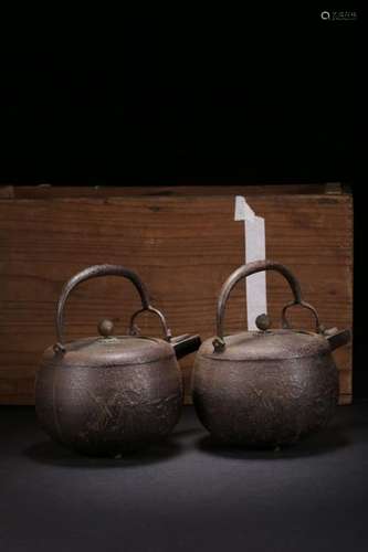 Meiji period, Two Japanese Iron Teapot w Silver Sp