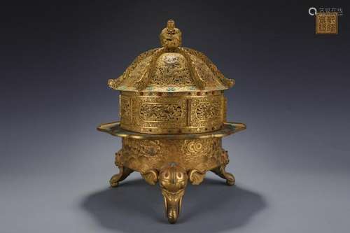 Qing Chinese Gilt Bronze Tripod Censer