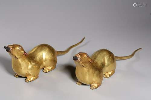 Two Qing Chinese Gilt Bronze Mouse