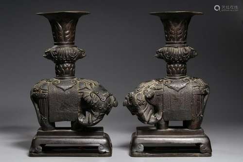 Two Mid-Qing Chinese Brone Elephant Candlestick