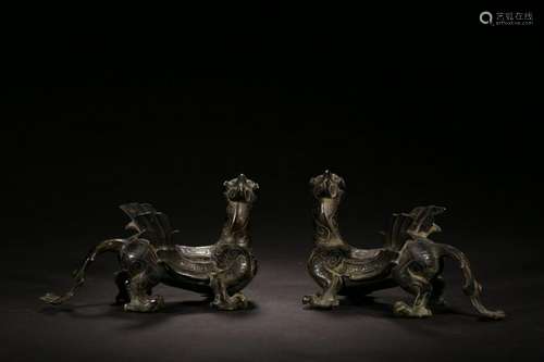 Pair of Qing Chinese Bronze Kirin, Mark