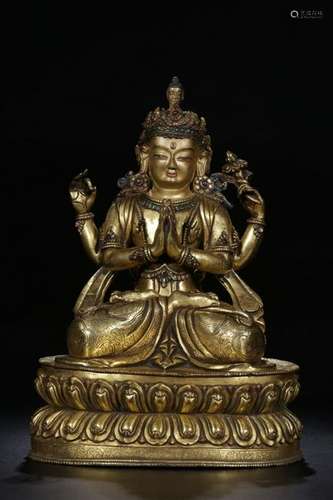 Qing Chinese Gilt Bronze Four Arms Buddha